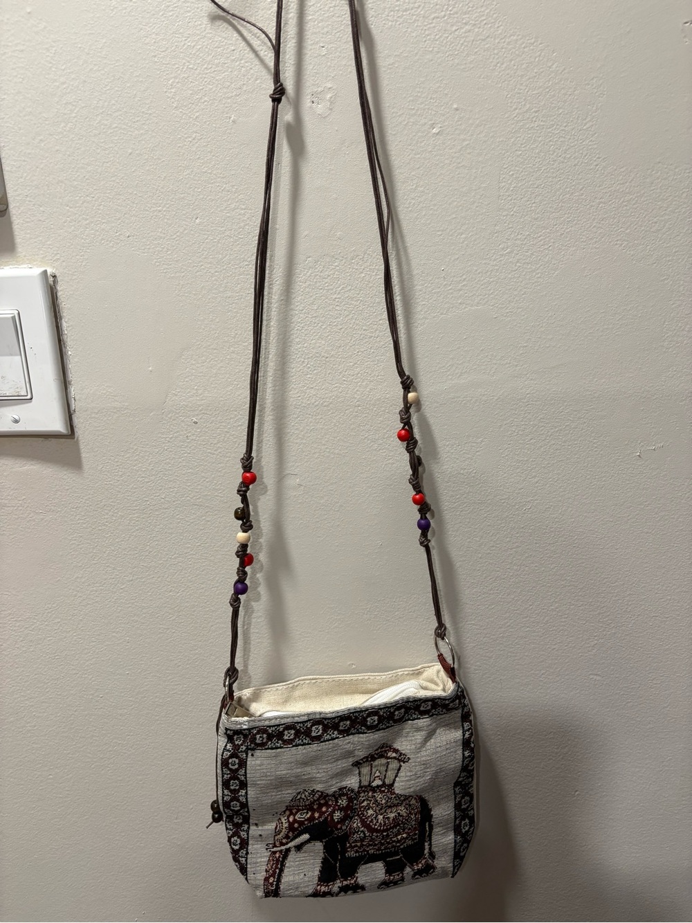 Cream Elephant Embroidered Crossbody Bag with Beaded Strap